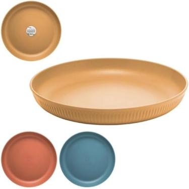 Imagem de Conjunto de Pratos Plásticos, Design Redondo, Cores Bege, Terracota e Azul, Estilo Moderno para Servir Refeições
