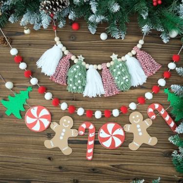 Imagem de DCJHFJ banner de guirlanda de borla de natal com guirlandas de pom pom vermelho e branco banner de cana de árvore de doces de natal para pendurar na parede decoração de casa