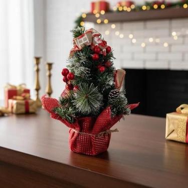 Imagem de Árvore Natal Decorada 30cm Efeito Neve Mini Pinheiro Mesa Vermelho - B