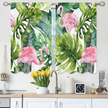 Imagem de Gpiaoyfo Cortinas de cozinha flamingo rosa pássaro verde palmeira exótica planta trópica cortinas de camada curta para banheiro café pequenas cortinas de janela tratamento 2 painéis (27,5 x 39