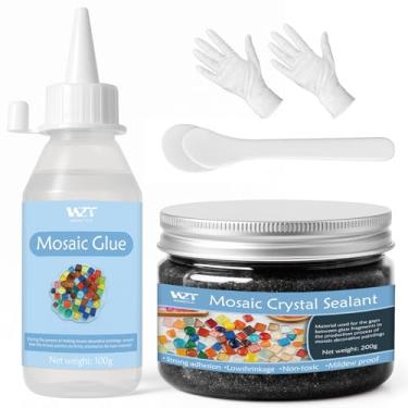 Imagem de WAN2TLK Kit de artesanato em mosaico, cola de mosaico e argamassa, aplicador, luvas, para azulejos de mosaico, vidro, arte de porta-copos para decoração de casa (argamassa preta)