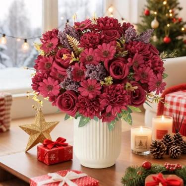 Imagem de Dremisland Flores artificiais de Natal como buquê artificial de verdade, 2 pacotes de buquê de rosas artificiais de seda com margarida, crisântemo, flores bordô para mesa de centro de mesa de Natal