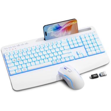 Imagem de Combo branco de teclado e mouse sem fio, 4000 mAh, teclado silencioso recarregável, teclado ergonômico USB com descanso de pulso e suporte de telefone para PC, Mac, Windows, digitação suave natural