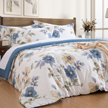 Imagem de OIKETI Conjunto de cama com edredom botânico, tamanho Queen, 100% algodão, estampa floral azul marinho e amarelo, leve e macio, 3 peças (1 edredom reversível e 2 fronhas)