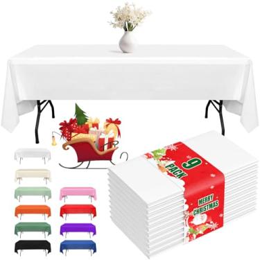 Imagem de Fixwal Pacote com 9 toalhas de mesa de plástico descartáveis, 137 x 272 cm, festa, piquenique, casamento, toalhas de mesa decorativas, retângulo, capa de plástico branca, à prova de vazamento e