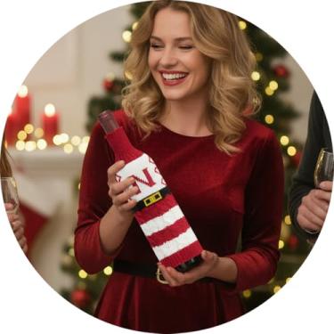 Imagem de Capa de garrafa de vinho, decoração de mesa de Natal engraçada para festas de fim de ano, manga de vinho de malha para troca de presentes, decoração de casa