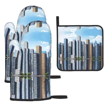 Imagem de Fashion City – Conjunto de cozinha essencial com 3 peças, luvas resistentes ao calor e alça de tampa, proteção para churrasco no forno, design de armazenamento suspenso.