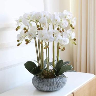 Imagem de YYBOES Orquídea artificial 58,4 cm com vaso de porcelana conjunto de flores artificiais Phalaenopsis flores artificiais em vaso orquídeas falsas flores artificiais