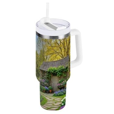 Imagem de WELLDAY Copo de 850 g com alça e tampa de canudo | Copo térmico Spring Garden reutilizável de aço inoxidável caneca de viagem, mantém frio por 34 horas ou quente por 10 horas