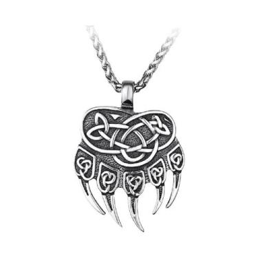 Imagem de Colar Masculino Viking Com Pingente De Garra De Urso E Nó Celta Em Aço