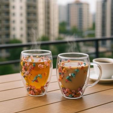 Imagem de Xicara Parede Dupla De Vidro Copo De Flores Secas Caneca 350ml Não Esquenta A Mão Para Bebidas Decoração, Estampada