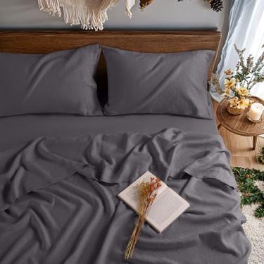 Imagem de REDASW Jogo de cama casal 100% linho da França, 4 peças, lençol com elástico alto, 40,6 cm, respirável, luxuoso, macio para todas as estações (cinza escuro, casal)