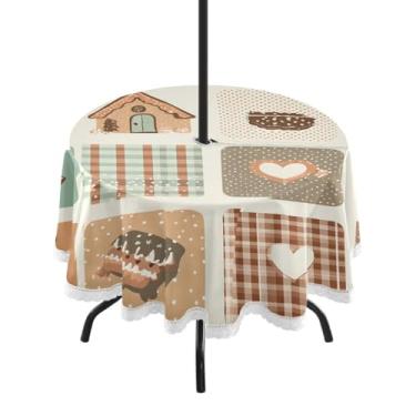 Imagem de CEBUGI Toalha de mesa redonda para uso ao ar livre, pão de gengibre, impermeável, com furo Umberlla, capa de mesa lavável para pátio, cozinha, sala de jantar, 152 cm