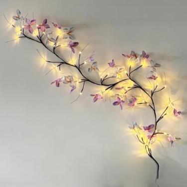 Imagem de Luminária LED Flexível Rattan Borboleta e Flores 1,6m para Decoração de Parede, Luz Ambiente Romântica com Controle Remoto(Borboleta Colorida)