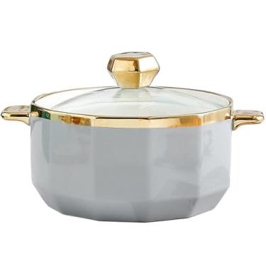 Imagem de Terrina de sopa redonda com tampa de vidro, tigela de sopa de cerâmica com alça de porcelana para servir, para restaurante, casa, cozinha, decoração, pode ir ao micro-ondas e à máquina de lavar louça