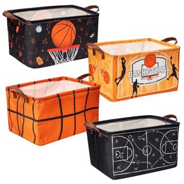 Imagem de EYxsaxenk Cesto de armazenamento de basquete – 4 peças laranja escuro grande organizador de tecido caixas de armazenamento de brinquedos com alça impermeável cesta dobrável armário prateleira