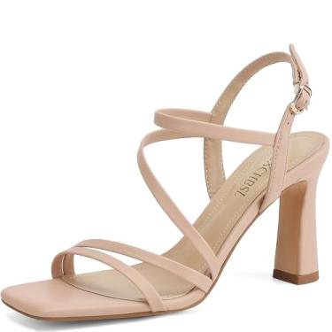 Imagem de SLXCHBSL Salto com tiras para mulheres elegantes sandálias de salto quadrado com tira no tornozelo salto alto grosso, Salto Aa-nude, 40