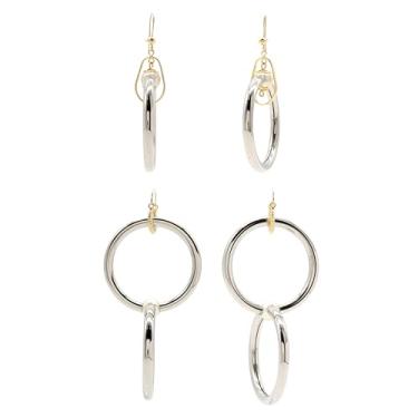 Imagem de 2 pares de brincos modernos banhados a ouro 18 k banhado a ródio feminino, Medium, Metal Plástico, Sem pedra preciosa