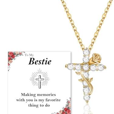 Imagem de Presentes cristãos religiosos para mulheres, presentes de Natal para mãe, irmã, colar com cruz para mulheres com batismo de rosa, comunhão católica, colar banhado a ouro 14 k para filha, neta