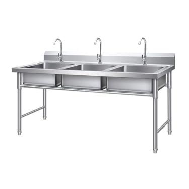 Imagem de Pia utilitária de aço inoxidável, pia de cozinha de três tigelas independente, pia de lavanderia independente, estação de pia externa, conjunto de pia de cozinha comercial, para cozinhas, restaurantes