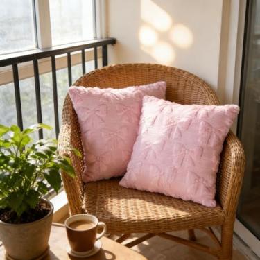 Imagem de baotongle 2 peças de capas de almofada com laço rosa claro decoração de quarto estética decorativa para dia dos namorados fronha sintética de pelúcia macia para decoração de quarto sofá 45 x 45 cm (2