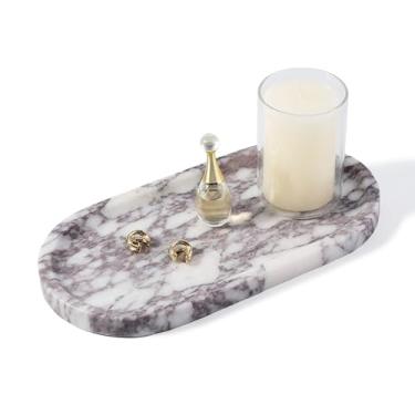 Imagem de Koville Bandeja de mármore natural luxuosa de 25,4 x 12,7 cm, bandeja coletora de mármore de viola Calacatta para banheiro, bandejas de perfume de pedra para cômoda, bandeja de armazenamento de pedra