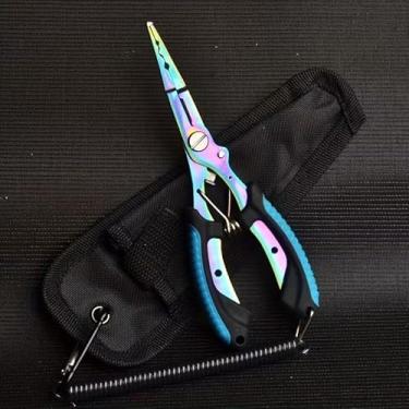 Imagem de Alicate de pesca multifuncional de aço inoxidável com nariz curvado em gancho, cortador de linha de anel aberto e prensagem de chumbo, antiderrapante, azul