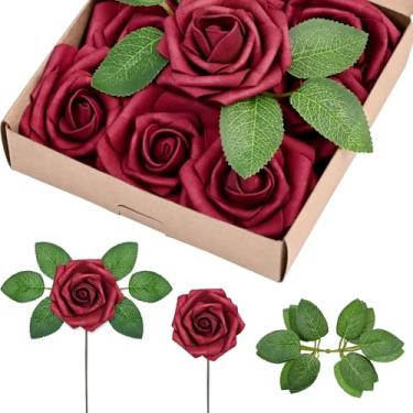 Imagem de Siyaluens Flores artificiais 9 peças de rosas falsas de espuma vermelha com hastes