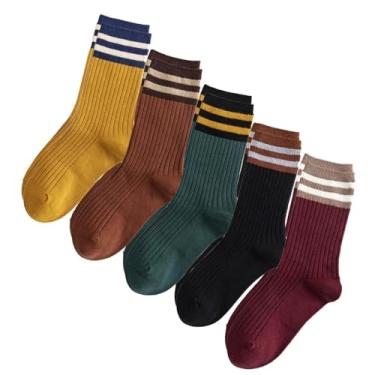 Imagem de 5 pares de meias femininas elegantes de algodão, meias japonesas retrô de comprimento médio, 1C, 21