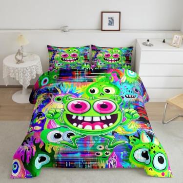 Imagem de Feelyou Conjunto de edredom com desenho animado, tamanho casal, para adultos, meninos, meninas, monstro fofo, verde fluorescente, conjunto de edredom kawaii, 3 peças