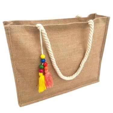 Imagem de Bolsa De Praia De Palha Sacola Rústica Juta com pingente colorido Bolsa de praia Sacola Moda Verão