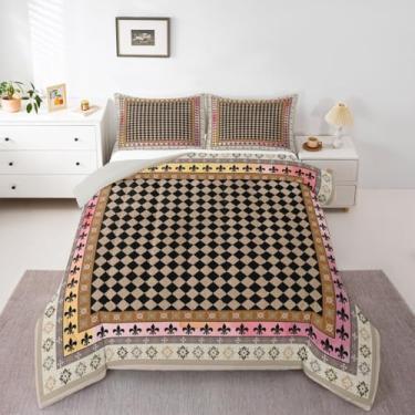 Imagem de jejeloiu Conjunto de edredom geométrico quadriculado para todas as estações, xadrez, damasco, floral, com 2 fronhas, microfibra xadrez, roupa de cama queen para decoração de quarto, edredom respirável