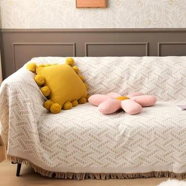 Imagem de sufacto Capa de sofá para sofá de 3 almofadas, capa de sofá seccional lavável, capa de sofá jacquard geométrica futon protetora para cães, capas decorativas de sofá com borlas, 231 x 340 cm, cáqui