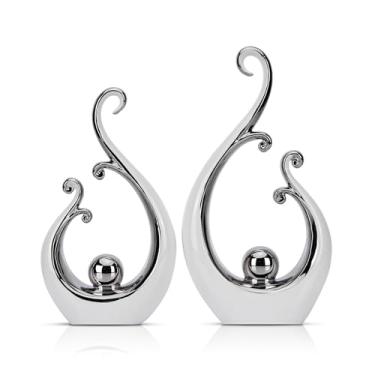 Imagem de LCCCK Estátua de cerâmica branca e prata brilhante, arte de escultura abstrata moderna para centro de mesa de luxo - Prateleiras de livros e decorações de mesa de jantar, suporte de TV de mesa de