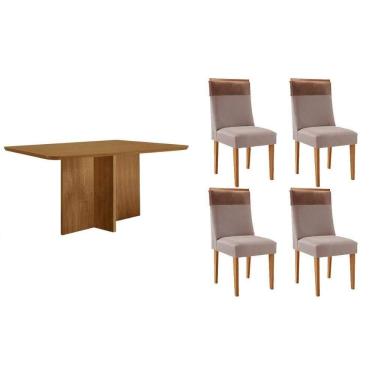 Imagem de Sala Jantar Mesa Berlim Tampo Curvo 120cm+4 Cadeiras Jaspe Madeira Naturale - Capuccino/Linho Capuccino - Rufato
