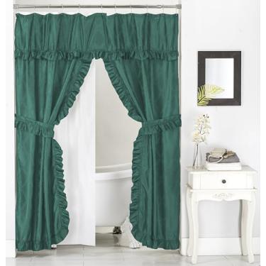 Imagem de Castle Selection Conjunto de cortina de chuveiro de tecido com babados duplos, padrão de folhas cruzadas, forro PEVA e anéis de rolo (verde-petróleo)