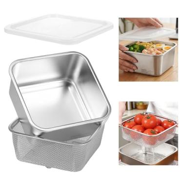 Imagem de Conjunto de tigela de lavagem de aço inoxidável 2 em 1, tigela de mistura de coador de alimentos com escorredor e tampa de PE, panela de lavar louça de frutas e vegetais para drenar arroz macarrão