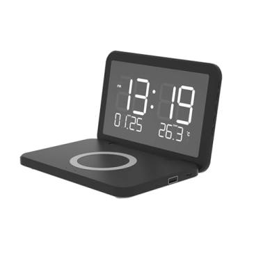 Imagem de ciciglow Relógio digital com carregador WL, estação de carregamento WL, despertador dobrável, visor de LED com calendário de temperatura para quartos, mesa, mesa de sala de estar, cabeceira, mesa de