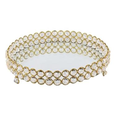 Imagem de Bandeja decorativa redonda com duas fitas adornadas com bordados de cristal. (Dourado)