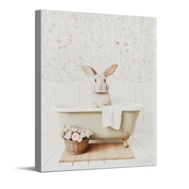 Imagem de CYFDYVT Impressão em tela de coelho fofo na banheira, arte de parede em tela estilo pastel macio, decoração de banheiro, decoração de berçário, decoração de casa com tema coelhinho da Páscoa