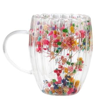 Imagem de Caneca de flores secas, copos de vidro de flores secas,Xícara de café transparente de parede dupla 300ml com alça | Copos para bebidas quentes e frias, canecas de leite