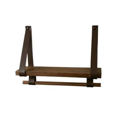 Imagem de Prateleira com Suporte Para Toalha - Madeira Envelhecida e Couro | Decoração Banheiro/Cozinha Rústica(Marrom,40cm x 10cm)