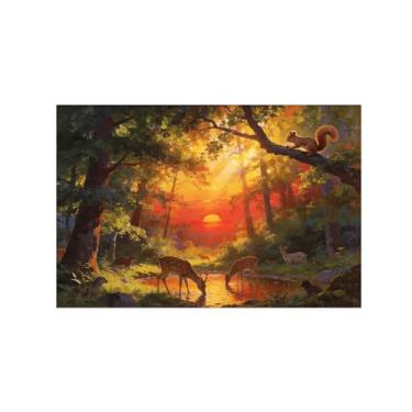 Imagem de Impressão em tela de paisagem de arte de parede - Animais da floresta pôr do sol - Pintura de decoração - Imagens para sala de estar quarto 50 x 75 cm 20 x 30 polegadas sem moldura