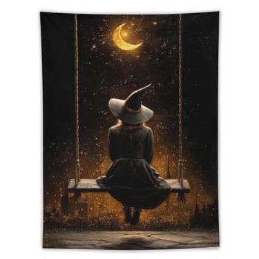 Imagem de Tapeçaria mágica de Halloween bruxa no balanço lua crescente dourada céu estrelado decoração de parede sala de estar quarto decoração de casa exclusivo pendurado têxtil 152 x 203 tapeçaria