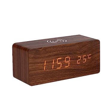 Imagem de Relógio de Alarme Digital Madeira com Display LED Eletrônico Carregamento Sem Fio 10W 3 Configurações Data e Temperatura 2 Modos Níveis Brilho Formato 12 24H Indicado para Quarto