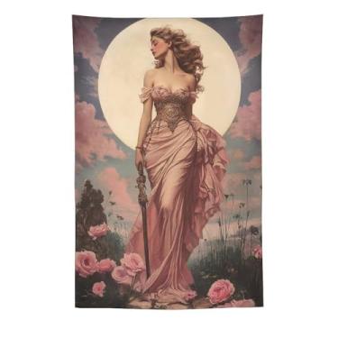 Imagem de Blush Gown Celestial Tapeçaria Elegante Poised Lady By Glowing Full Moon With Delicate Pink Blossoms For Dorm Bedroom Apartment Cozy Chic Elegante Decoração de Parede Tapeçaria 152.4 cm x 233.4 cm