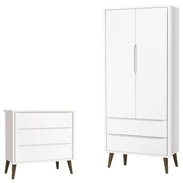 Imagem de Cômoda Infantil Gaveteiro E Guarda Roupa 2 Portas Theo Branco Acetinado Com Pés Amadeirado ? Reller