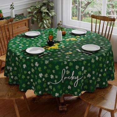 Imagem de Siilues Toalha de mesa redonda para o dia de São Patrício 177 x 177 cm, toalha de mesa lavável verde trevo Lucky St Patricks primavera férias impermeável borda recortada toalha de mesa decoração de