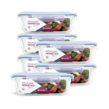 Imagem de Kit 6 Potes de Vidro Retangular com Tampa Hermética 2260ml (Azul)
