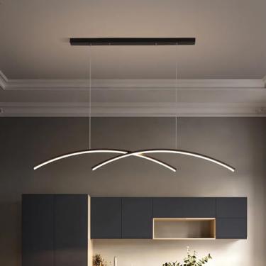 Imagem de Luminária pendente LED com controle remoto, dimerizável, ideal para cozinha, sala de jantar, escritório e sala de estar. Possui altura ajustável e design arqueado (preto).